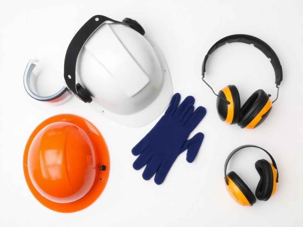 Capacete, óculos de proteção, luvas e protetor auricular